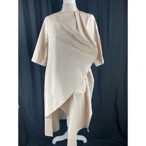 METAMORPHOZA Asymmetrical Drape High Neck Tunic Dress Beige‎ Short Sleeve Pocket